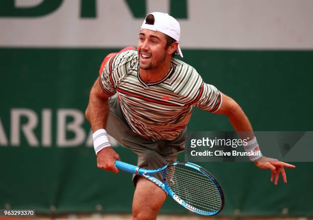 Jordan Thompson of Australia serves during his mens singles first round match against Casper Ruud of Norway during day two of the 2018 French Open at...