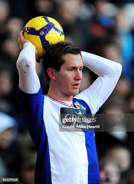 Morten Gamst Pedersen of Blackburn Rovers prepares to take a throw in during the Barclays Premier League match between West Ham United and Blackburn...