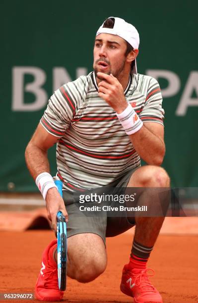 Jordan Thompson of Australia looks dejected during his mens singles first round match against Casper Ruud of Norway during day two of the 2018 French...