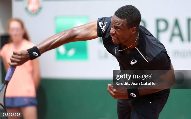 Gael Monfils of France winning against Elliot Benchetrit of France during Day One of the 2018 French Open at Roland Garros stadium on May 27, 2018 in...