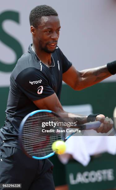 Gael Monfils of France winning against Elliot Benchetrit of France during Day One of the 2018 French Open at Roland Garros stadium on May 27, 2018 in...