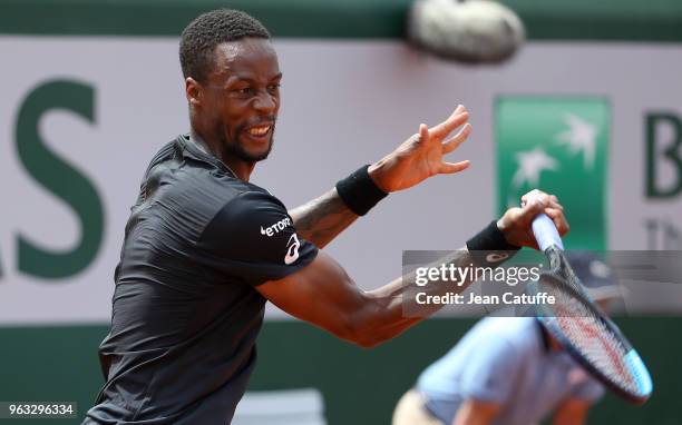 Gael Monfils of France winning against Elliot Benchetrit of France during Day One of the 2018 French Open at Roland Garros stadium on May 27, 2018 in...