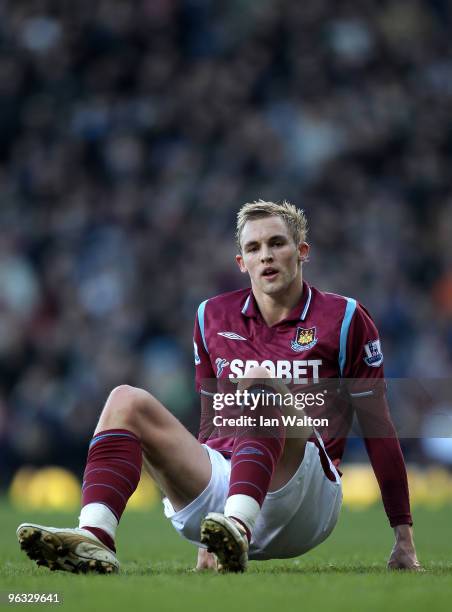 Jack Collison of West Ham United looks on during the Barclays Premier League match between West Ham United and Blackburn Rovers at Upton Park on...