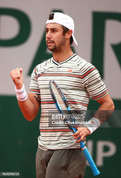 Jordan Thompson of Australia celebrates during his mens singles first round match against Casper Ruud of Norway during day two of the 2018 French...