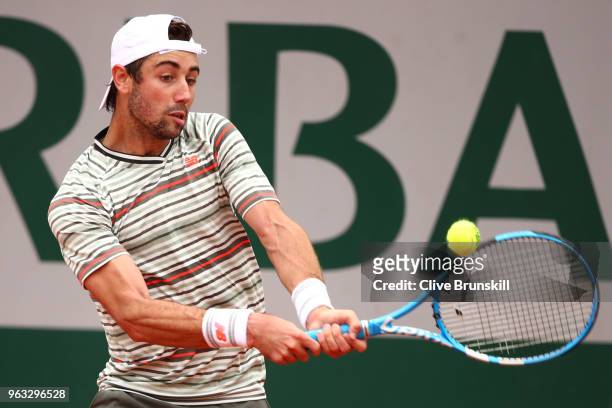 Jordan Thompson of Australia plays a backhand during his mens singles first round match against Casper Ruud of Norway during day two of the 2018...