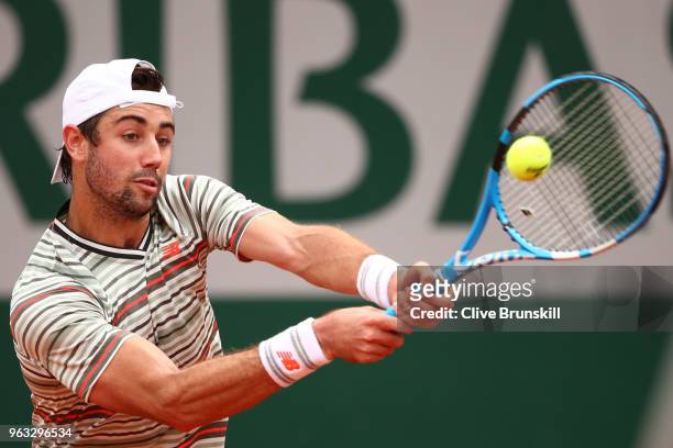 Jordan Thompson of Australia plays a backhand during his mens singles first round match against Casper Ruud of Norway during day two of the 2018...