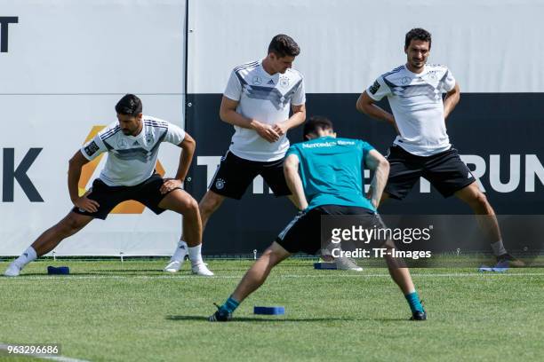 Sami Khedira of Germany, Mario Gomez of Germany and Mats Hummels of Germany in action during day six of the Southern Tyrol Training Camp on May 28,...
