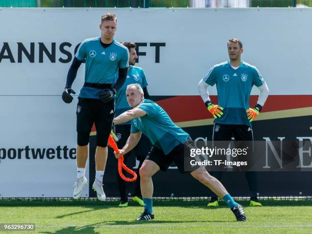 Goalkeeper Bernd Leno of Germany and Mark Verstegen of Germany in action during day six of the Southern Tyrol Training Camp on May 28, 2018 in Eppan,...