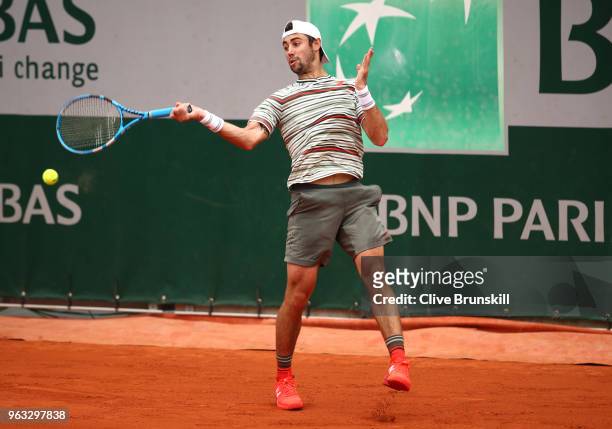 Jordan Thompson of Australia plays a forehand during his mens singles first round match against Casper Ruud of Norway during day two of the 2018...