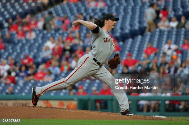 Starting pitcher Jeff Samardzija of the San Francisco Giants throws a pitch during a game against the Philadelphia Phillies at Citizens Bank Park on...