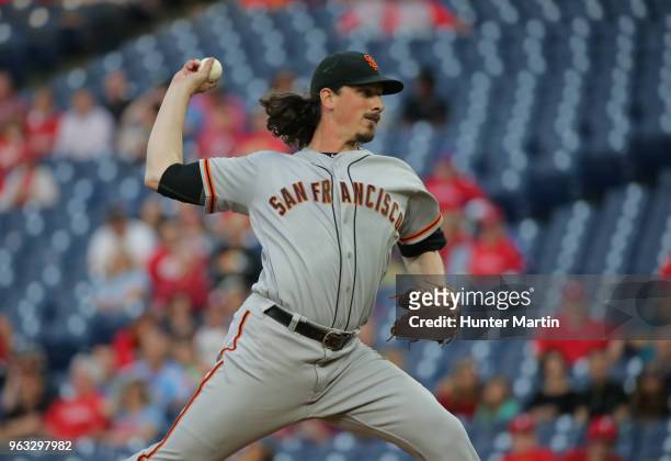 Starting pitcher Jeff Samardzija of the San Francisco Giants throws a pitch during a game against the Philadelphia Phillies at Citizens Bank Park on...