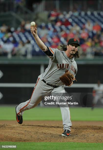 Starting pitcher Jeff Samardzija of the San Francisco Giants throws a pitch during a game against the Philadelphia Phillies at Citizens Bank Park on...