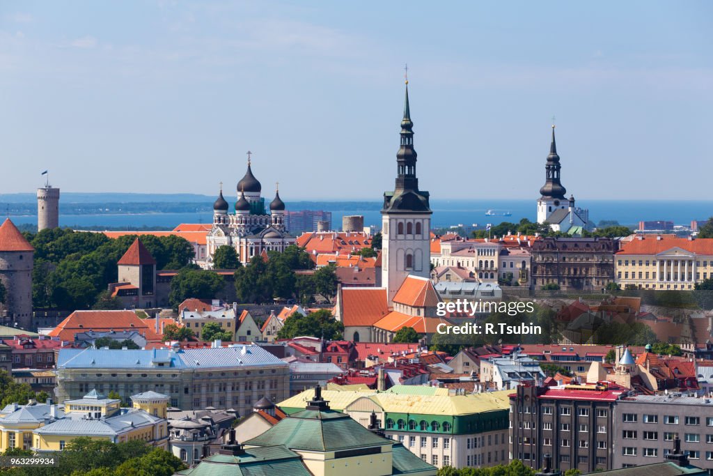 Scenic summer aerial panorama of the Old Town in Tallinn, Estonia
