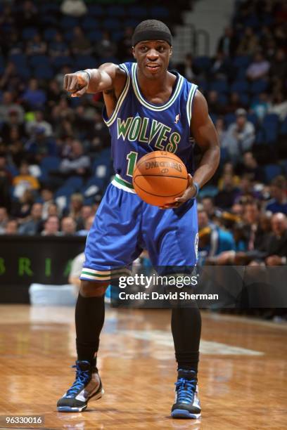 Jonny Flynn of the Minnesota Timberwolves points as he looks to make a play during the game against the New Orleans Hornets at Target Center on...