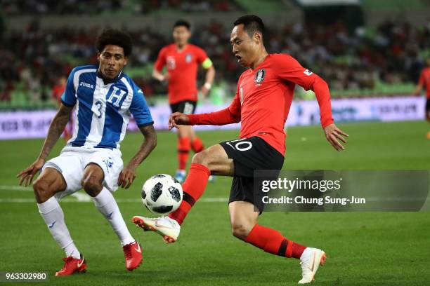 South Korea Moon Seon-Min of South Korea comtepes for the ball with Henry Figueroa of Honduras during the international friendly match between South...