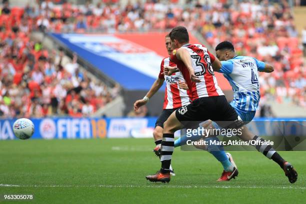 Jordan Willis of Coventry City scores the opening goal during the Sky Bet League Two Play Off Final between Coventry City and Exeter City at Wembley...