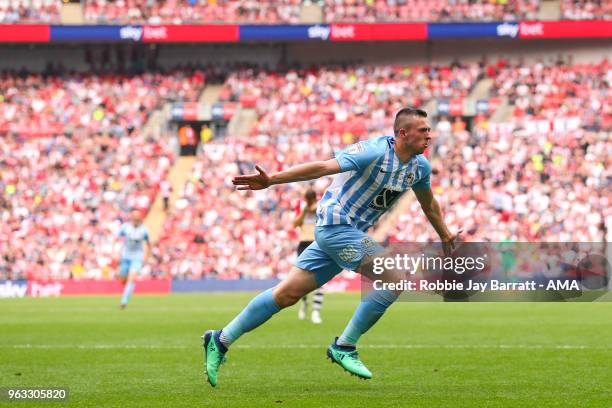 Jordan Shipley of Coventry City celebrates after scoring a goal to make it 2-0 during the Sky Bet League Two Play Off Final between Coventry City and...