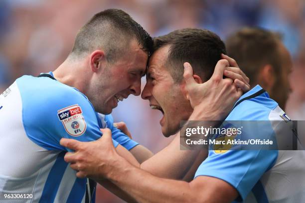 Jordan Shipley of Coventry City celebrates scoring their 2nd goal with Michael Doyle during the Sky Bet League Two Play Off Final between Coventry...