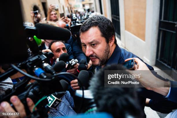 Northern League leader Matteo Salvini speaks with the press on May 28, 2018 after leaving the Chamber of Deputies in Rome, Italy. Italian President...