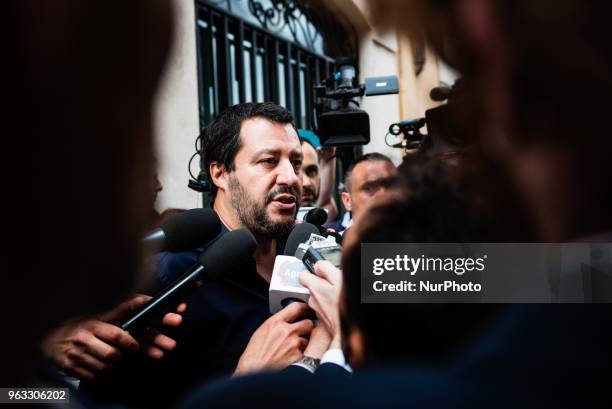 Northern League leader Matteo Salvini speaks with the press on May 28, 2018 after leaving the Chamber of Deputies in Rome, Italy. Italian President...
