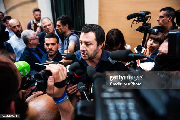 Northern League leader Matteo Salvini speaks with the press on May 28, 2018 after leaving the Chamber of Deputies in Rome, Italy. Italian President...