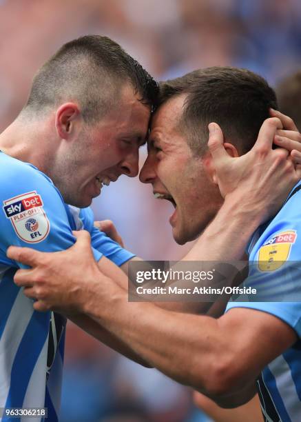 Jordan Shipley of Coventry City celebrates scoring their 2nd goal with Michael Doyle during the Sky Bet League Two Play Off Final between Coventry...