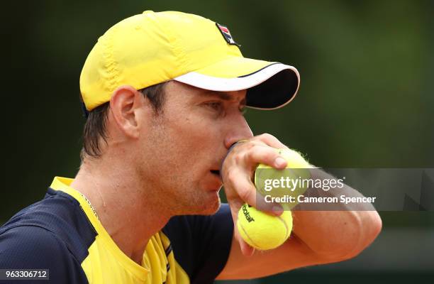 Matthew Ebden of Australia looks on during the mens singles first round match against Thomas Fabbiano of Italy during day two of the 2018 French Open...