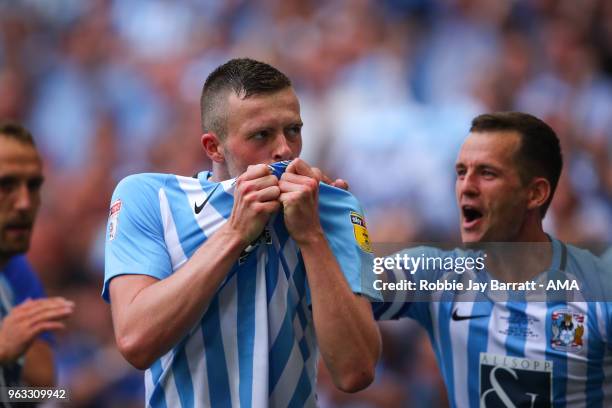 Jordan Shipley of Coventry City celebrates after scoring a goal to make it 2-0 during the Sky Bet League Two Play Off Final between Coventry City and...