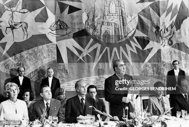 General Secretary of the Communist Party of the Soviet Union Leonid Brezhnev pronounces a speech, on June 22, 1977 during a lunch at the Russian...