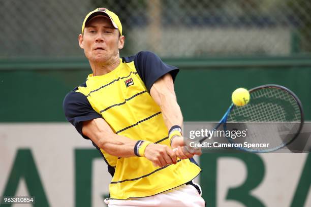 Matthew Ebden of Australia plays a backhand during the mens singles first round match against Thomas Fabbiano of Italy during day two of the 2018...