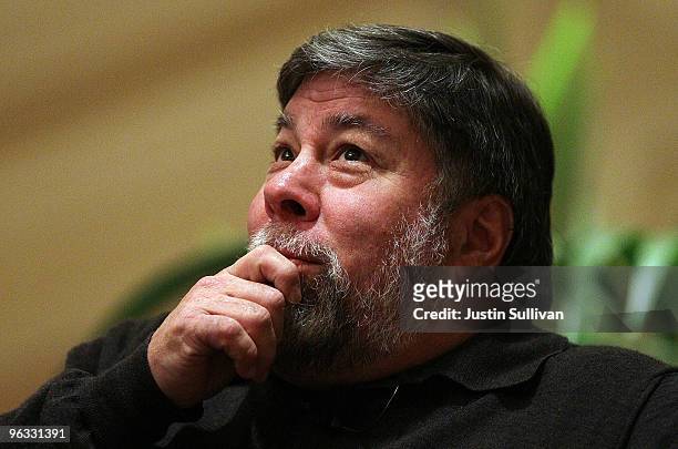 Apple Computer co-founder and philanthropist Steve Wozniak pauses while speaking at the Bay Area Discovery Museum's Discovery Forum February 1, 2010...