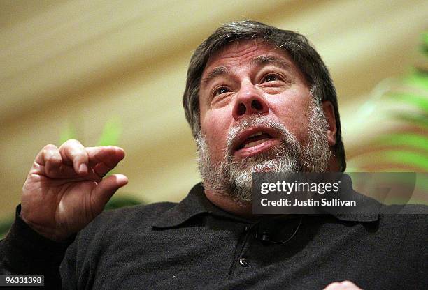 Apple Computer co-founder and philanthropist Steve Wozniak pauses while speaking at the Bay Area Discovery Museum's Discovery Forum February 1, 2010...