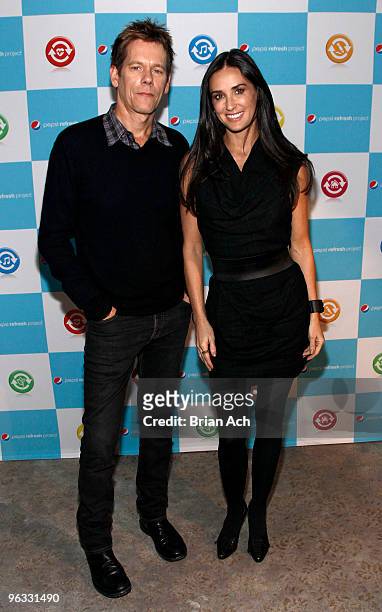 Actor Kevin Bacon and actress Demi Moore attend The Pepsi Refresh Everything Through Great Ideas Brainstorm at the Soho House on February 1, 2010 in...
