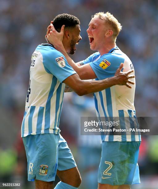 Coventry City's Jordan Willis and Coventry City's Jack Grimmer celebrate after the game in the Sky Bet League Two Final at Wembley Stadium, London.
