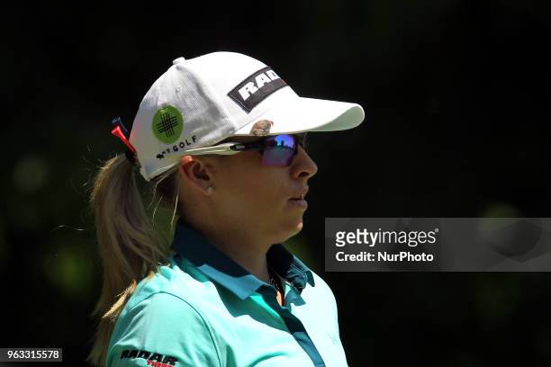 Jodi Ewart Shadoff of England follows her shot from the 5th tee during the final round of the LPGA Volvik Championship at Travis Pointe Country Club,...