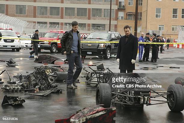 The Formula" -- Det. Don Flack left, and Det. Mac Taylor investigate the scene on CSI: NY, scheduled to air Wednesday, Feb. 10 on the CBS Television...