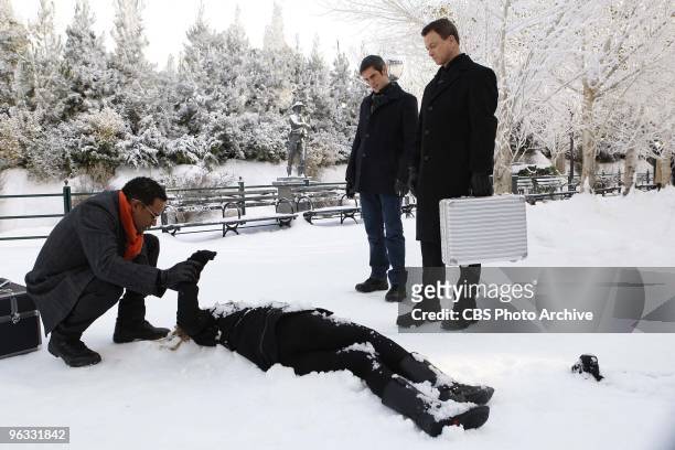 Sanguine Love" -- Dr. Sheldon Hawkes from left, Det. Don Flack and Det. Mac Taylor investigate a crime scene on CSI: NY, scheduled to air Wednesday,...