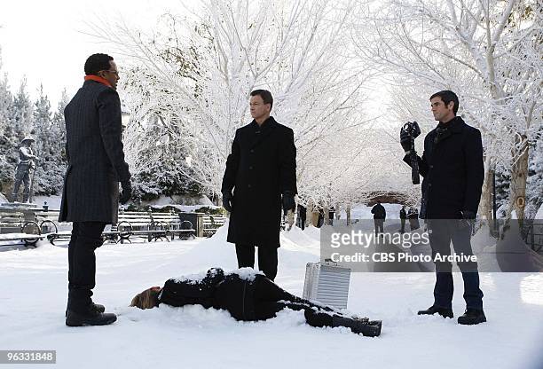 Sanguine Love" -- Dr. Sheldon Hawkes from left, Det. Mac Taylor and Det. Don Flack investigate a crime scene on CSI: NY, scheduled to air Wednesday,...