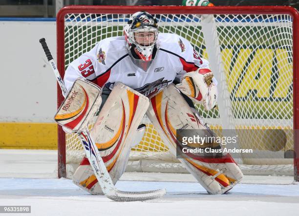 Philipp Grubauer of the Windsor Spitfires watches the play in a game against the London Knights on January 29, 2010 at the John Labatt Centre in...
