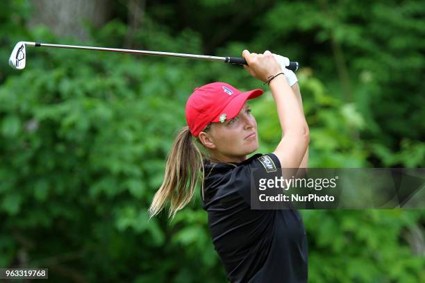 Perrine Delacour of France follows her shot from the 7th tee during the third round of the LPGA Volvik Championship at Travis Pointe Country Club,...