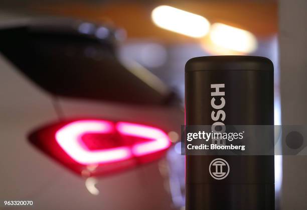Robert Bosch GmbH parking sensor column stands on display during an Automated Valet Parking demonstration at the Mercedes-Benz TecDay event in...