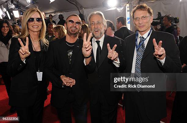 Barbara Bach, musician Ringo Starr, NARAS President Neil Portnow and guest arrive at the 52nd Annual GRAMMY Awards held at Staples Center on January...