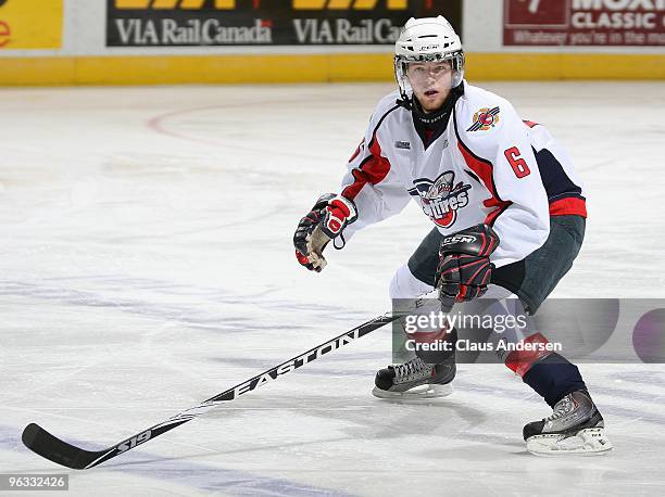 Ryan Ellis of the Windsor Spitfires defends in a game against the London Knights on January 29, 2010 at the John Labatt Centre in London, Ontario....