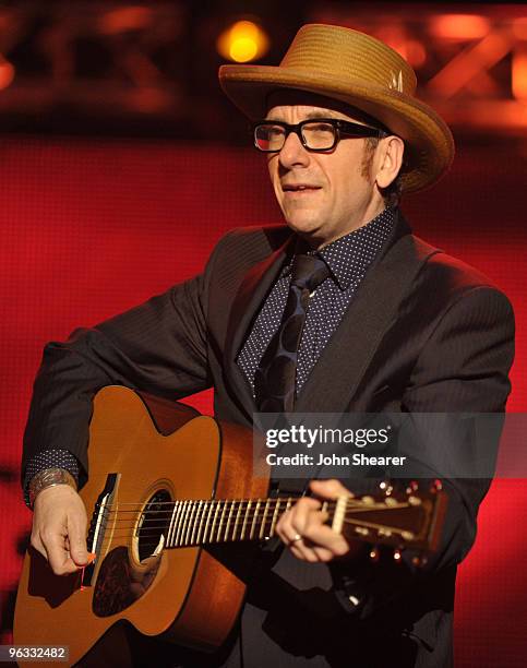 Musician Elvis Costello performs at the 2010 MusiCares Person Of The Year Tribute To Neil Young at the Los Angeles Convention Center on January 29,...