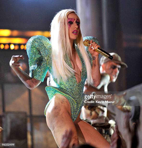 Lady Gaga performs onstage at the 52nd Annual GRAMMY Awards held at Staples Center on January 31, 2010 in Los Angeles, California.