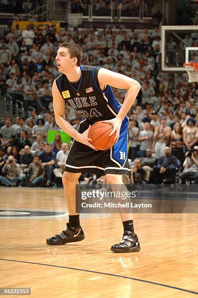 Ryan Kelly of the Duke Blue Devils looks to pass the ball during a college basketball game against the Georgetown Hoyas on January 30, 2010 at the...