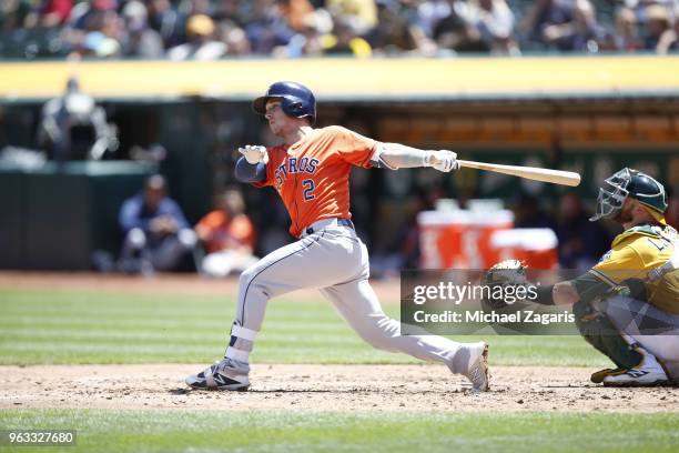 Alex Bregman of the Houston Astros bats during the game against the Oakland Athletics at the Oakland Alameda Coliseum on May 9, 2018 in Oakland,...