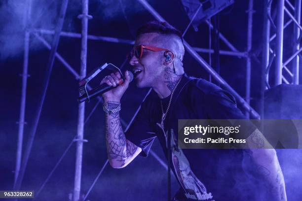 The Italian rapper Sfera Ebbasta, also know as Gionata Boschetti, the 'King of Trap' performing live on stage at Arenile di Bagnoli in Naples, Italy...