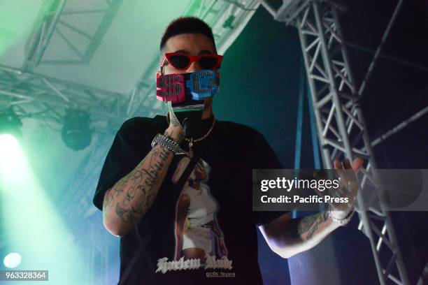 The Italian rapper Sfera Ebbasta, also know as Gionata Boschetti, the 'King of Trap' performing live on stage at Arenile di Bagnoli in Naples, Italy...