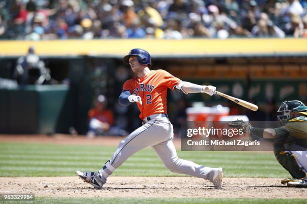 Alex Bregman of the Houston Astros bats during the game against the Oakland Athletics at the Oakland Alameda Coliseum on May 9, 2018 in Oakland,...